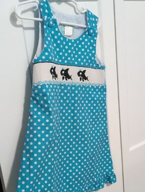 Girls Polka Dot Teal Sleeveless Dress with Black Bunny Smock